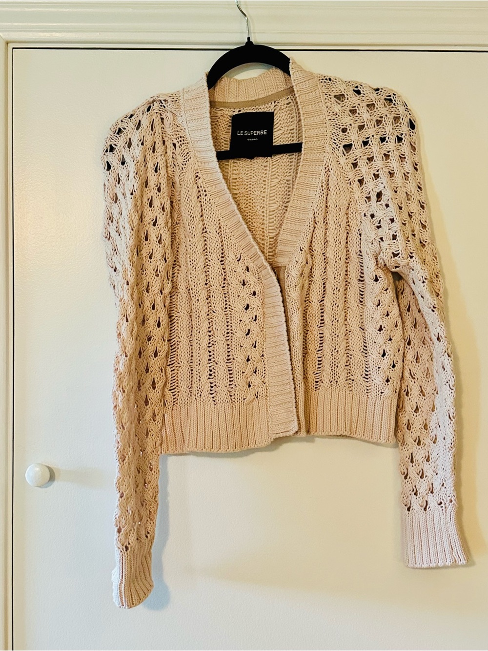 Le Superbe Open-Weave Cropped Cardigan Sweater - Cream